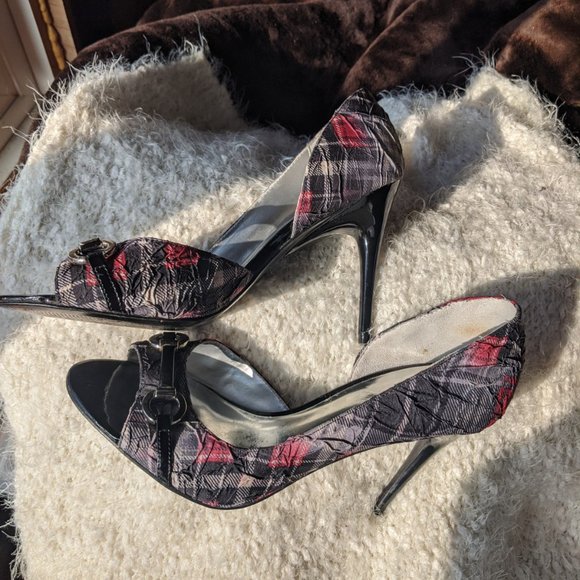 Carlos by Carlos Santana Miracle Plaid Peeptoe Stilettos Sz 8.5M - Picture 3 of 10